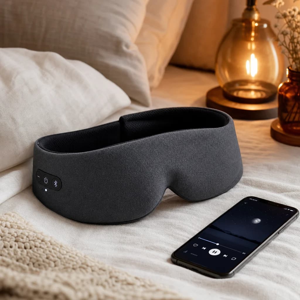 DreamBand Bluetooth Sleep Mask on a cozy bedside setup